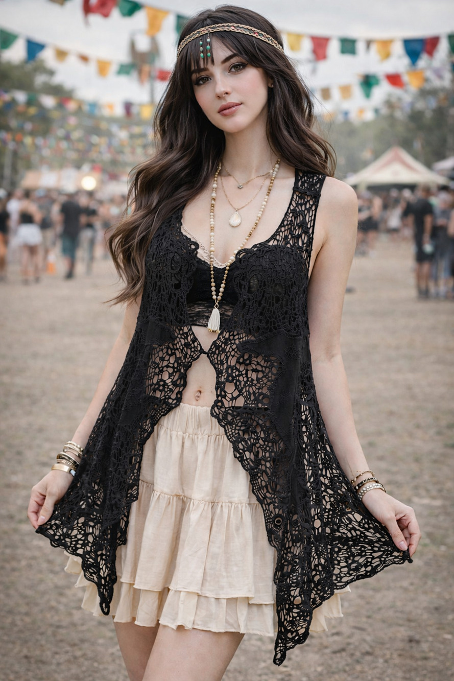 Boho Crochet Lace Black Vest Size M Y2K Whimsy Goth Fairy Grunge Witchy Festival